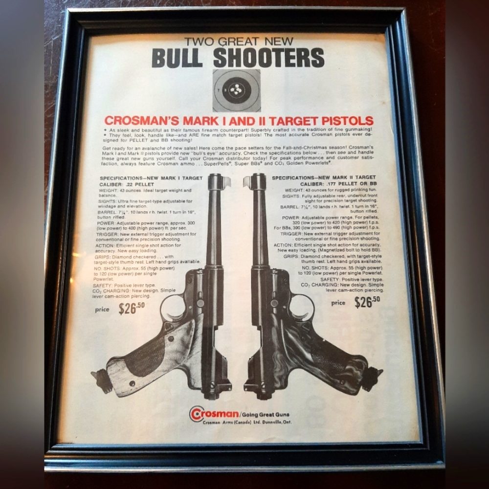1966 Crossman Mark 1 & 2 Pistol Ad 2 sided French English